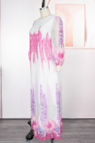 Elegant Print Patchwork O Neck Long Plus Size Dresses