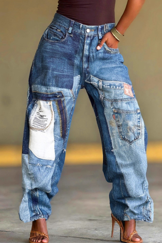 Casual Solid Color Patchwork Regular Denim Jeans