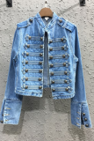 Casual Solid Color Buttons Cardigan Collar Long Sleeve Straight Denim Jacket
