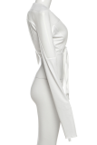 Casual Solid Color Strap Design V Neck Outerwear