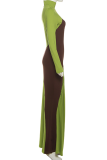 Elegant Solid Color Contrast Turtleneck Long Dresses