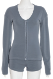 Casual Solid Color Patchwork V Neck Long Sleeve Two Pieces