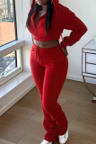 Casual Solid Color Zipper Hooded Long Sleeve Two Pieces