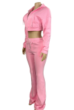 Casual Solid Color Zipper Hooded Long Sleeve Two Pieces