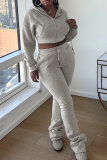 Casual Solid Color Zipper Hooded Long Sleeve Two Pieces