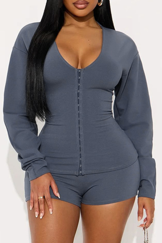 Casual Solid Color Patchwork V Neck Long Sleeve Two Pieces