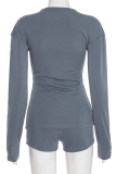 Casual Solid Color Patchwork V Neck Long Sleeve Two Pieces