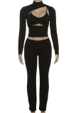 Sexy Solid Color Hollow Out Turtleneck Long Sleeve Two Pieces