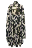 Casual Camouflage Print With Belt O Neck Long Dresses
