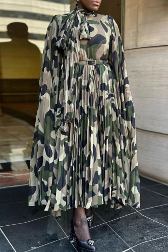 Casual Camouflage Print With Belt O Neck Long Dresses