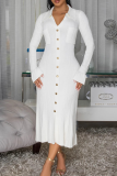 Casual Solid Color Buckle Turndown Collar Long Dresses