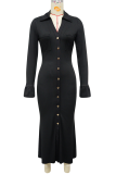 Casual Solid Color Buckle Turndown Collar Long Dresses