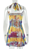 Sexy Print Backless Halter A Line Dresses