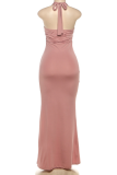 Sexy Solid Color Backless Halter Long Dresses