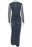 Elegant Solid Color Ruched V Neck Long Dresses