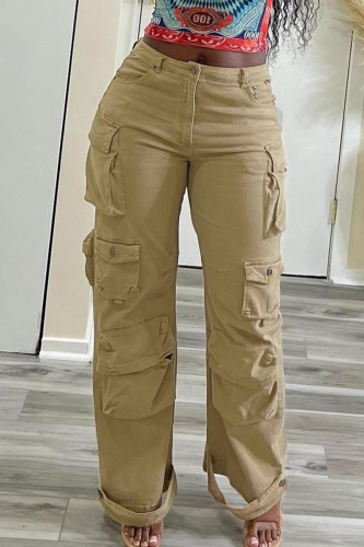 Casual Solid Color Pocket Regular Conventional Patchwork Bottoms