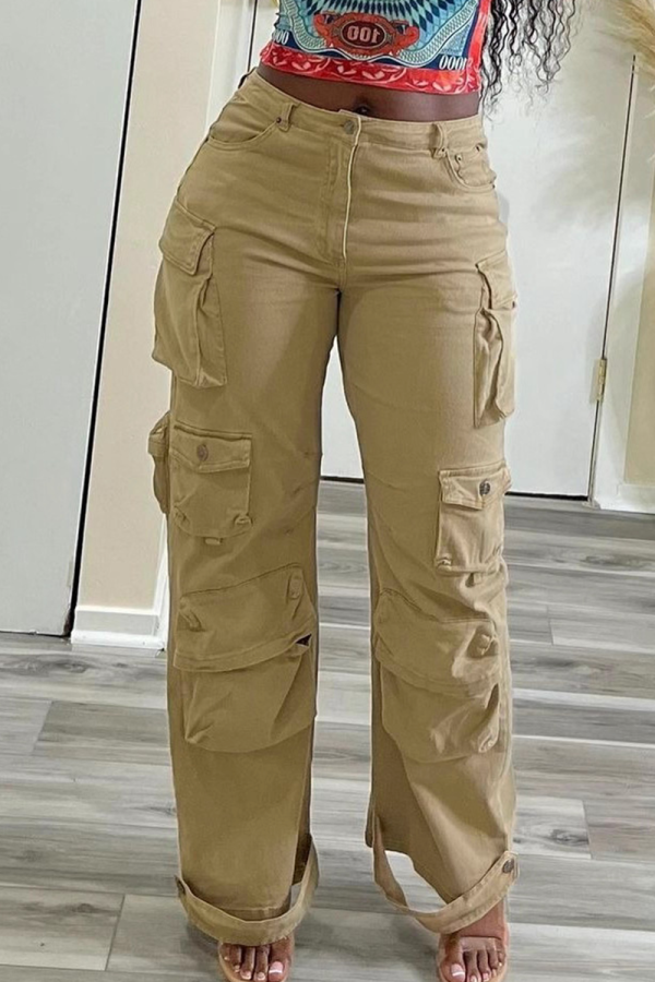 Casual Solid Color Pocket Regular Conventional Patchwork Bottoms