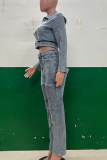 Casual Solid Color Zipper Turndown Collar Long Sleeve Two Pieces