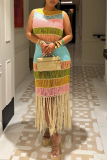 Casual Colorblock Fringed Trim Swimwears Cover Up