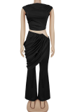 Sexy Solid Color Ruched O Neck Sleeveless Two Pieces