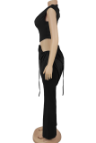 Sexy Solid Color Ruched O Neck Sleeveless Two Pieces