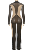 Sexy Solid Color Contrast O Neck Wrapped Skirt Dresses