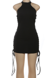 Sexy Solid Color Cross Straps O Neck Wrapped Skirt Dresses