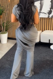 Sexy Solid Color Ruched O Neck Sleeveless Two Pieces