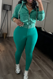 Casual Solid Color Zipper Hooded Long Sleeve Two Pieces