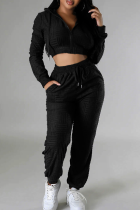 Casual Solid Color Zipper Hooded Long Sleeve Two Pieces