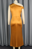 Elegant Solid Color Flower Shape Oblique Collar Wrapped Skirt Dresses