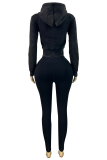 Casual Solid Color Zipper Hooded Long Sleeve Two Pieces