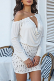 Sexy Solid Color Strap Design Hot Drill Oblique Collar Wrapped Skirt Dresses