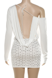 Sexy Solid Color Strap Design Hot Drill Oblique Collar Wrapped Skirt Dresses