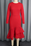 Elegant Solid Color Flounce O Neck Long Dresses
