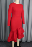 Elegant Solid Color Flounce O Neck Long Dresses