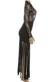 Sexy Solid Color Fringed Trim Mesh Turndown Collar Long Sleeve Two Pieces