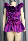 Elegant Solid Color Flounce O Neck Tops