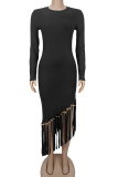 Elegant Solid Color Fringed Trim O Neck Irregular Dresses