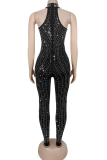 Sexy Solid Color Hot Drill O Neck Skinny Jumpsuits