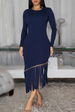 Elegant Solid Color Fringed Trim O Neck Irregular Dresses