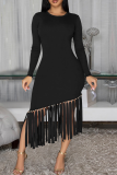 Elegant Solid Color Fringed Trim O Neck Irregular Dresses