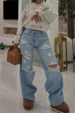 Sexy Solid Color Hollow Out Loose Denim Jeans