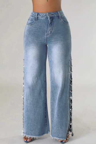 Casual Solid Color Slit Rhinestone Decor Mid Waist Straight Denim Jeans
