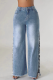 Casual Solid Color Slit Rhinestone Decor Mid Waist Straight Denim Jeans