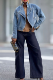 Casual Solid Color Patchwork Turndown Collar Long Sleeve Loose Denim Jacket