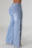 Casual Solid Color Slit Rhinestone Decor Mid Waist Straight Denim Jeans