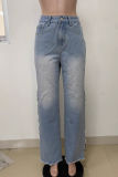 Casual Solid Color Slit Rhinestone Decor Mid Waist Straight Denim Jeans