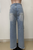 Casual Solid Color Slit Rhinestone Decor Mid Waist Straight Denim Jeans