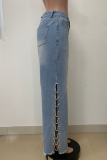 Casual Solid Color Slit Rhinestone Decor Mid Waist Straight Denim Jeans